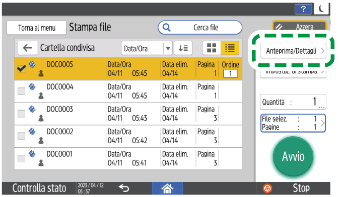 Illustrazione della schermata sul pannello di controllo