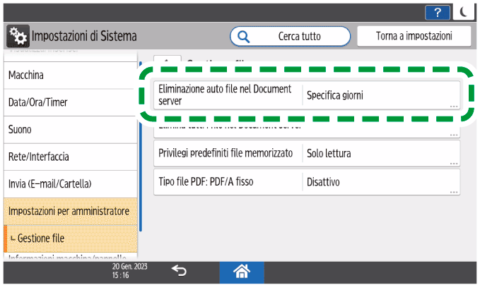 Illustrazione della schermata sul pannello di controllo