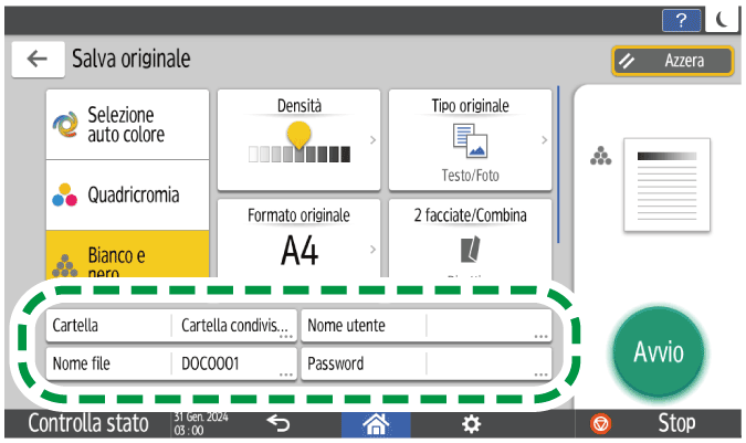 Illustrazione della schermata sul pannello di controllo