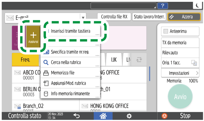 Illustrazione della schermata sul pannello di controllo
