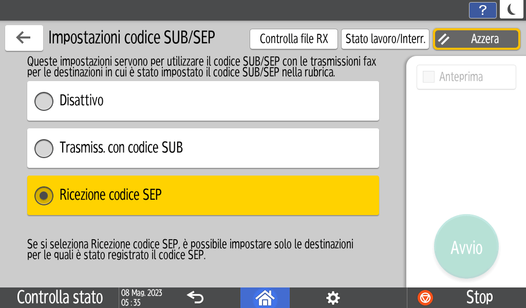 Illustrazione della schermata sul pannello di controllo