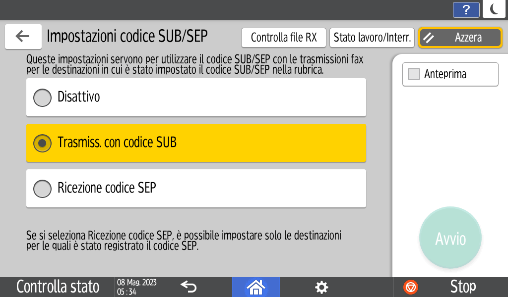 Illustrazione della schermata sul pannello di controllo