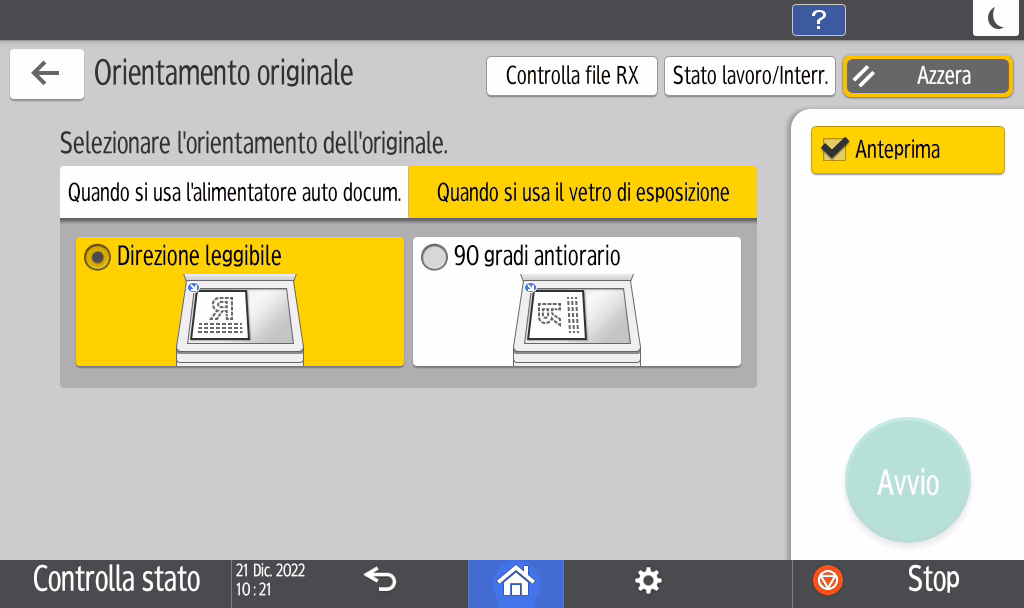 Illustrazione della schermata sul pannello di controllo