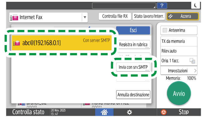Illustrazione della schermata sul pannello di controllo