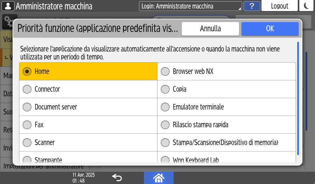 Illustrazione della schermata sul pannello di controllo