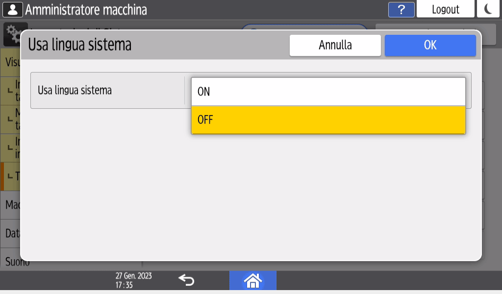 Illustrazione della schermata sul pannello di controllo