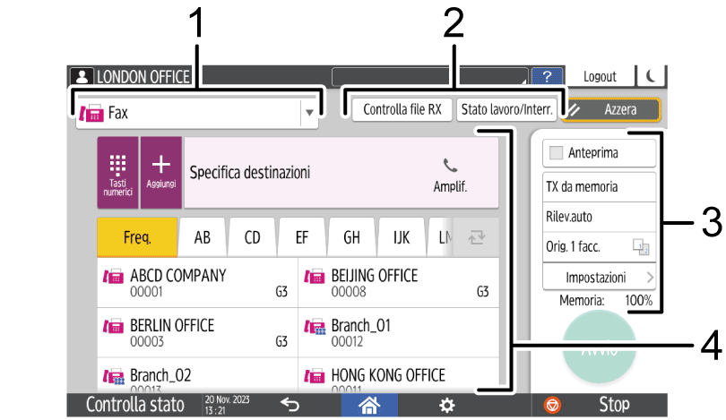 Illustrazione numerata schermata pannello di controllo con didascalie numerate