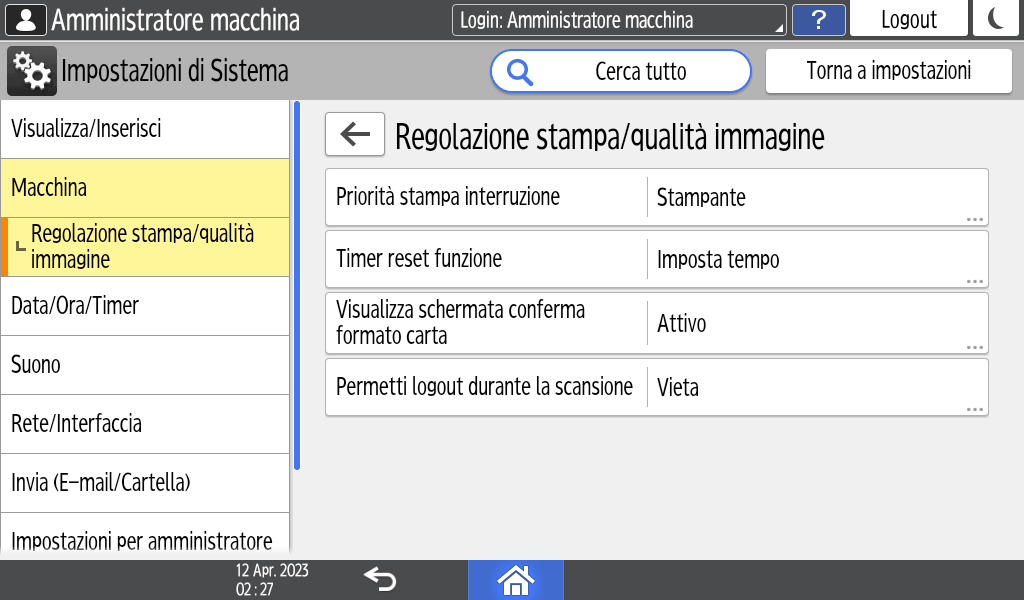 Illustrazione della schermata sul pannello di controllo
