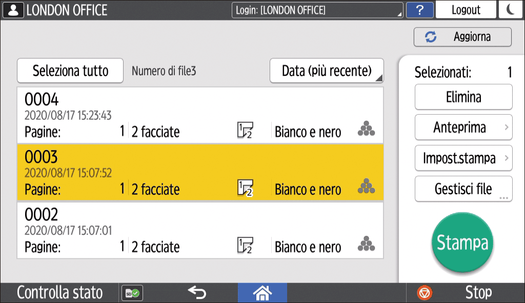 Illustrazione della schermata sul pannello di controllo