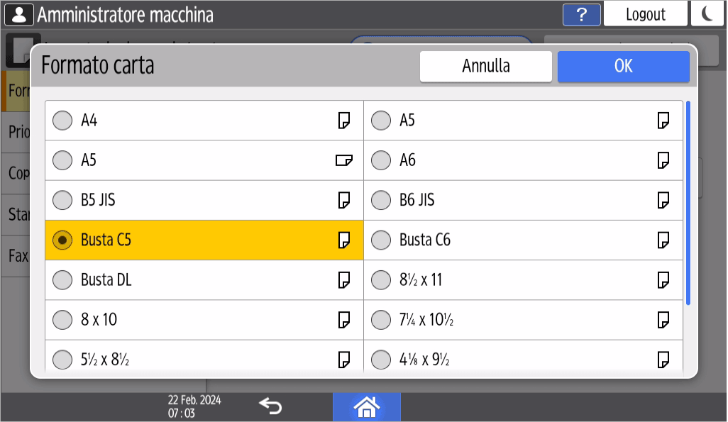 Illustrazione della schermata sul pannello di controllo