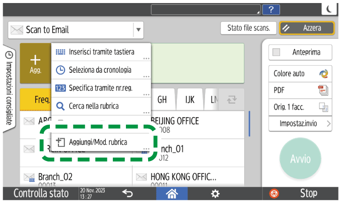 Illustrazione della schermata sul pannello di controllo
