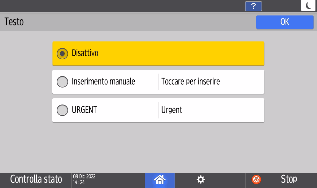 Illustrazione della schermata sul pannello di controllo