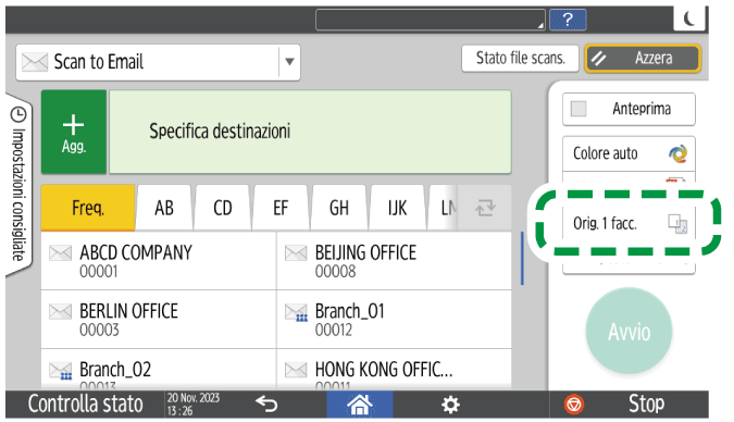 Illustrazione della schermata sul pannello di controllo