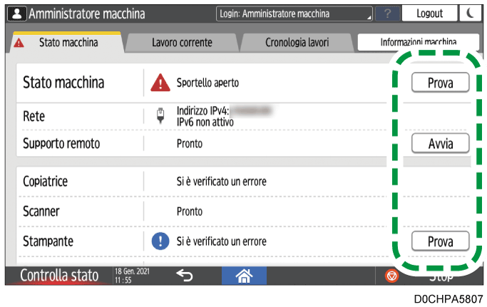 Illustrazione della schermata sul pannello di controllo