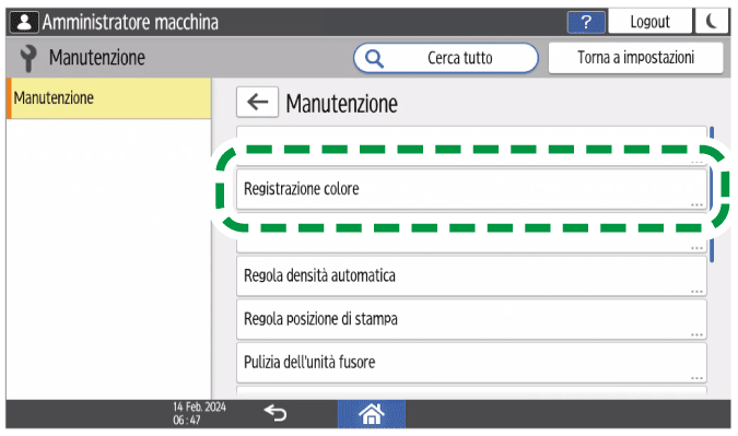 Illustrazione della schermata sul pannello di controllo