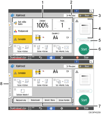 Číslovaná ilustrace ovládacího panelu zařízení