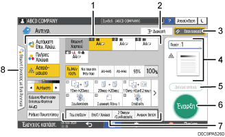 Απεικόνιση της οθόνης του πίνακα χειρισμού με αριθμημένες επεξηγήσεις