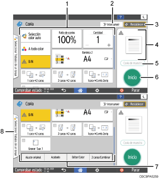 Ilustración con llamadas numeradas de la pantalla del panel de mandos