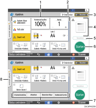 Genummerde afbeelding van het scherm van het bedieningspaneel
