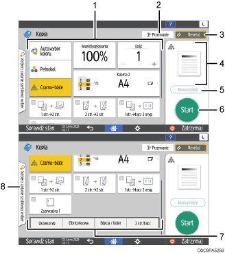 Ilustracja ekranu panela oznaczona numerowanymi odsyłaczami