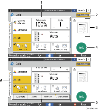 Ilustración con llamadas numeradas de la pantalla del panel de mandos