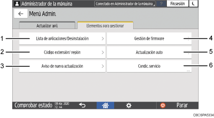 Ilustración con llamadas numeradas de la pantalla del panel de mandos
