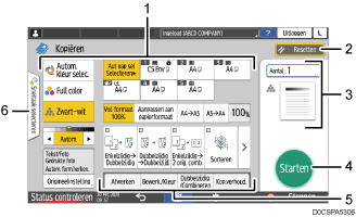 Genummerde afbeelding van het scherm van het bedieningspaneel