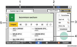 Genummerde afbeelding van het scherm van het bedieningspaneel