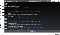 Genummerde afbeelding van het scherm van het bedieningspaneel