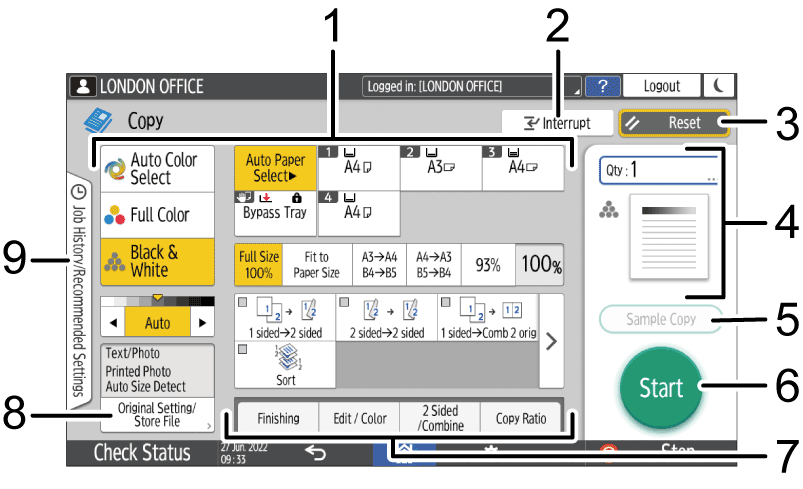 Operation panel screen illustration numbered callout illustration