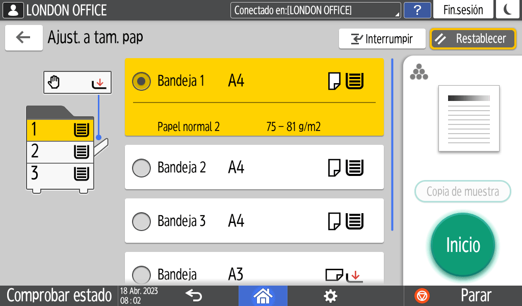 Ilustraci&oacute;n de la pantalla del panel de operaciones