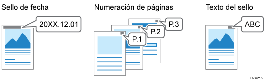 Ilustración de fecha de sellado, número de página y texto