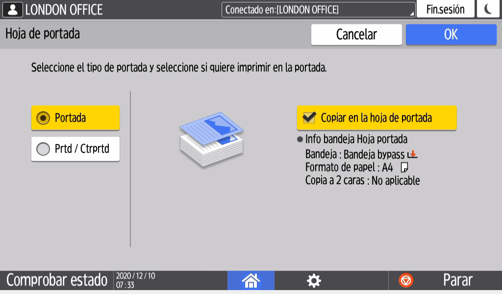 Ilustración de la pantalla del panel de mandos
