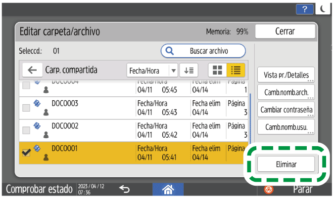 Ilustración de la pantalla del panel de mandos