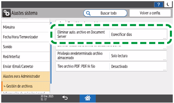 Ilustración de la pantalla del panel de mandos