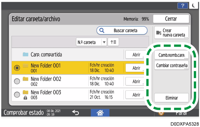 Ilustración de la pantalla del panel de mandos