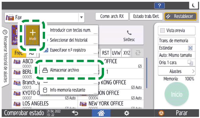 Ilustración de la pantalla del panel de operaciones