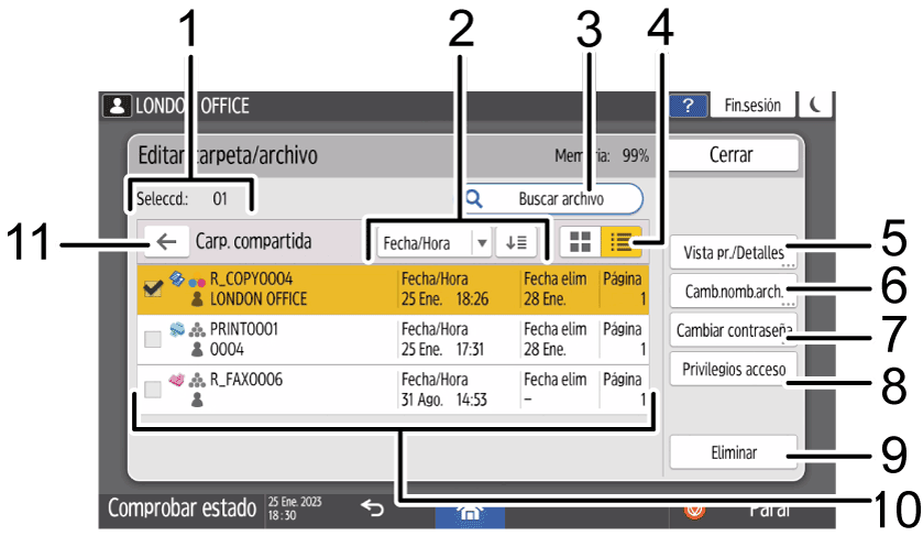 Ilustración con llamadas numeradas de la pantalla del panel de mandos