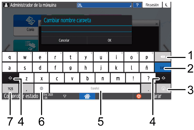 Ilustración con llamadas numeradas de la pantalla del panel de mandos
