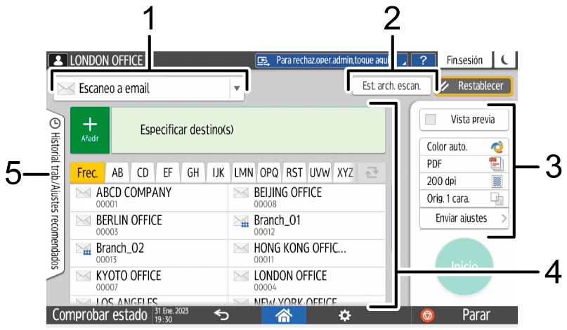 Ilustraci&oacute;n con llamadas numeradas de la pantalla del panel de mandos