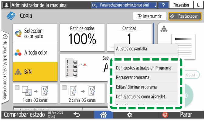 Ilustraci&oacute;n de la pantalla del panel de mandos