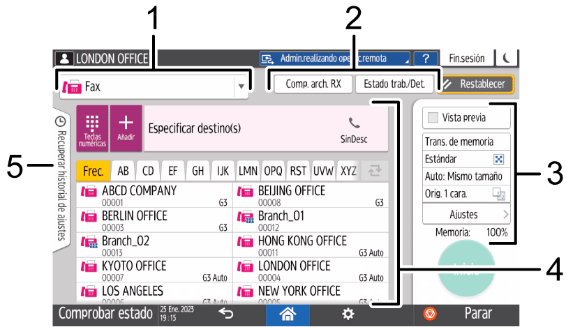 Ilustración con llamadas numeradas de la pantalla del panel de mandos