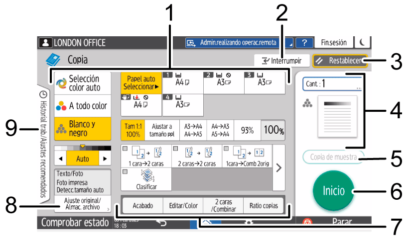 Ilustraci&oacute;n con llamadas numeradas de la pantalla del panel de mandos