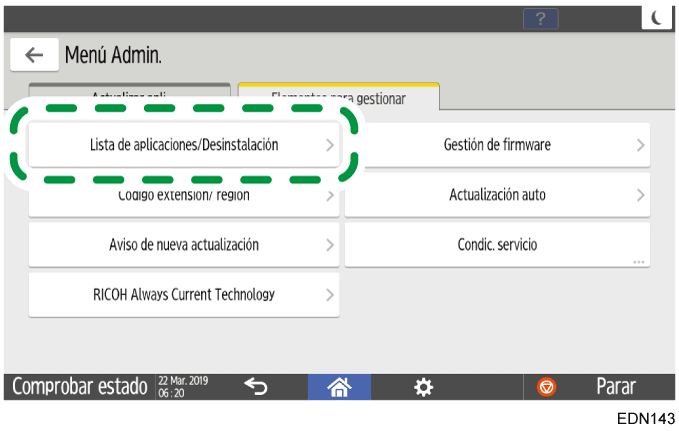 Ilustración de la pantalla del panel de mandos