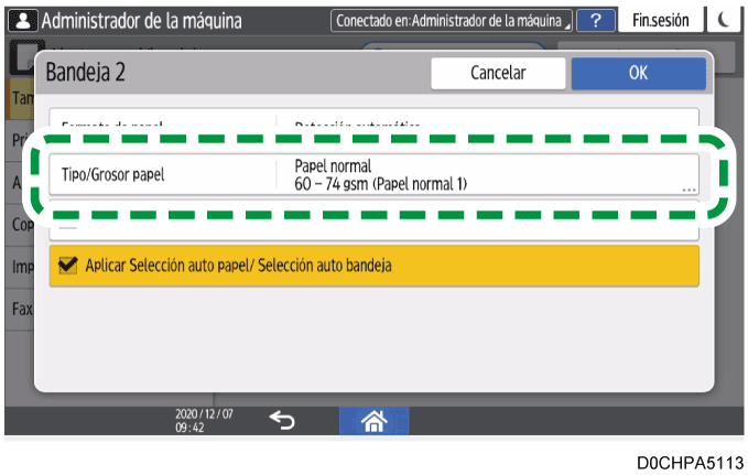 Ilustración de la pantalla del panel de operaciones