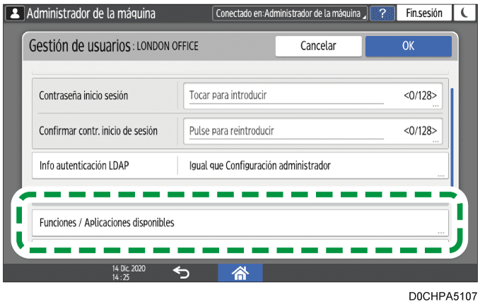 Ilustración de la pantalla del panel de mandos