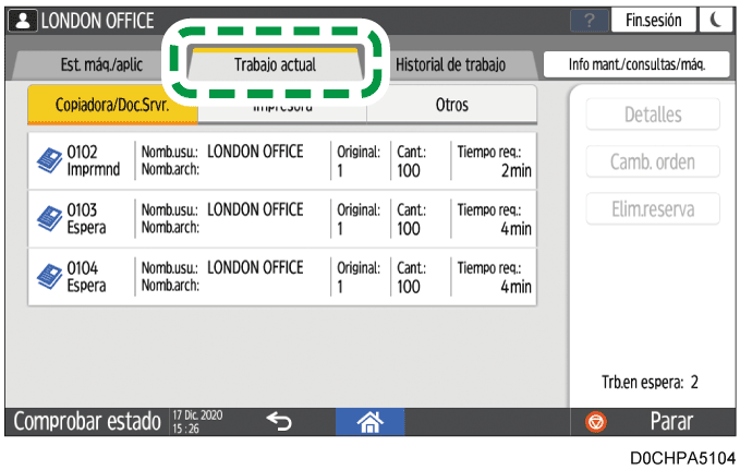 Ilustraci&oacute;n de la pantalla del panel de mandos