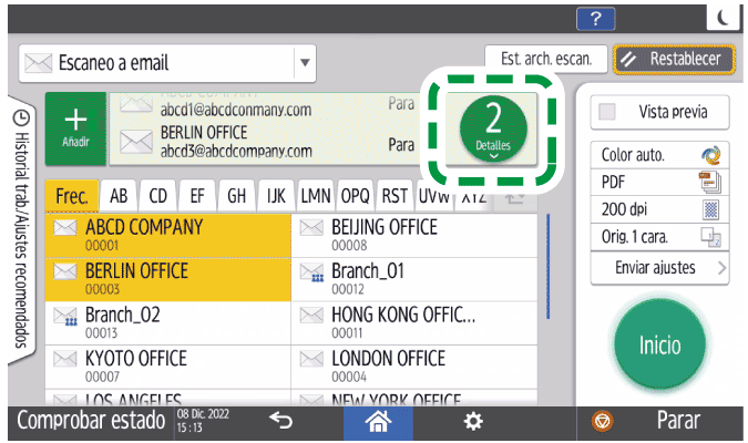 Ilustración de la pantalla del panel de operaciones