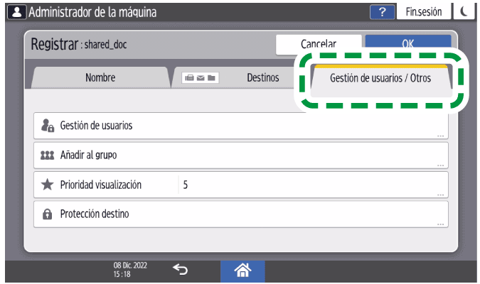 Ilustraci&oacute;n de la pantalla del panel de operaciones