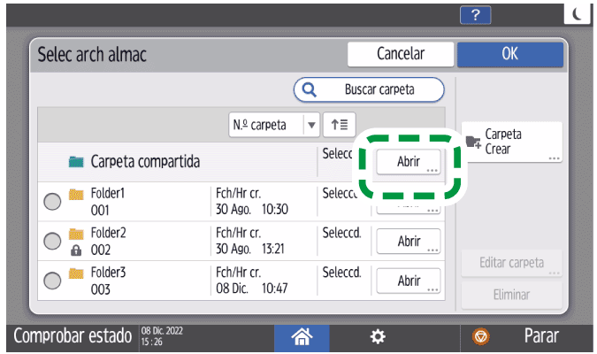 Ilustraci&oacute;n de la pantalla del panel de operaciones